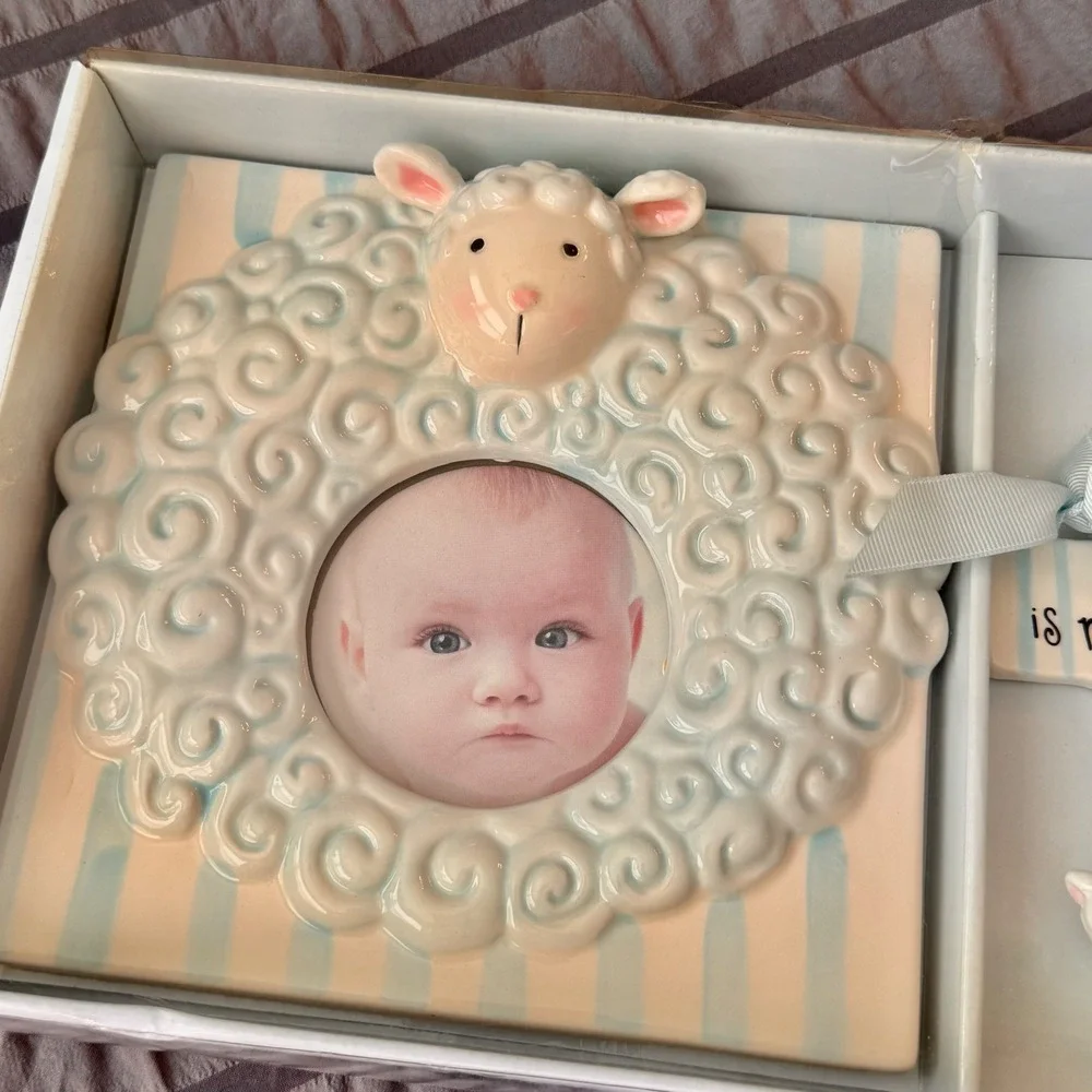 Mud Pie Blue Lamb Ceramic Picture Frame and Cross Set The Lord Is My Shepherd